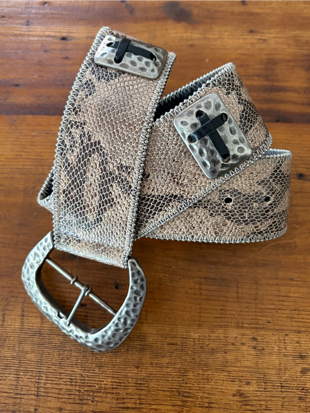 3D Belt Company Snakeskin Leather Belt Hammered Metal Boho Western Sz S